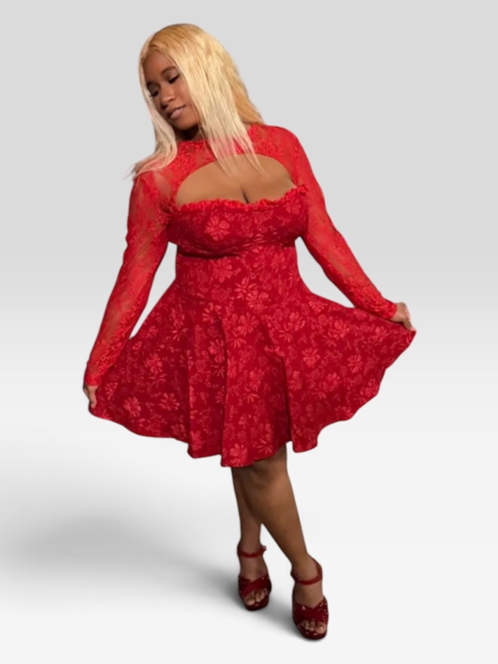 SHEIN Women Red Autumn Elegant Romantic Seductive Party Dress,Lace Long Slee